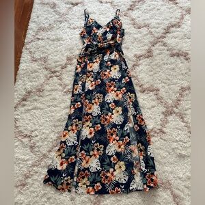 SHEIN Tropical Print Split Thigh Belted Dress